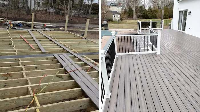 Two views side by side: new deck framing and joists before the boards go down, and a finished grey composite deck with white and black railings