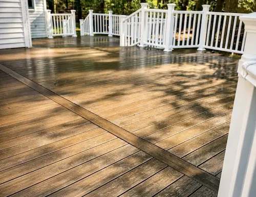 Deck resurfaced with brown composite boards and new white railings
